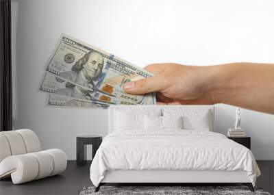 Man with American money on white background, closeup Wall mural