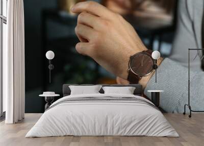 Man with luxury wrist watch indoors, closeup Wall mural