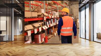 Man with tablet working at warehouse, back view. Logistics center Wall mural