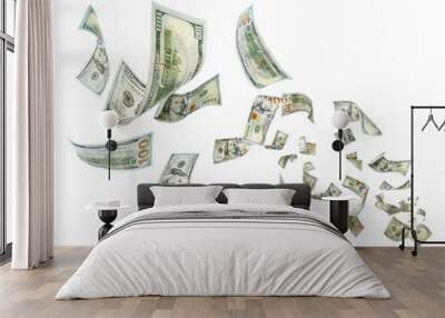 Many American dollars on white background. Flying money Wall mural