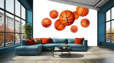 Many basketball balls falling on white background Wall mural