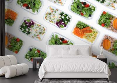 Many containers with different tasty food on white background, top view. Collage Wall mural