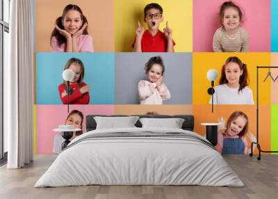 Many cute children on different colors backgrounds, collage of photos Wall mural