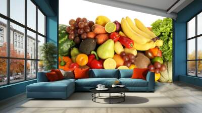 Many different fruits and vegetables isolated on white Wall mural