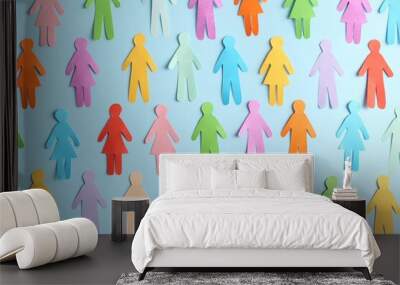 Many different paper human figures on light blue background, flat lay. Diversity and inclusion concept Wall mural