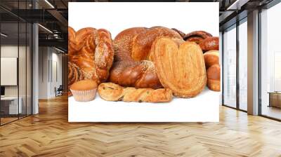 Many different tasty pastries isolated on white Wall mural