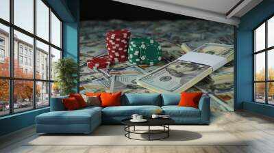 Many dollar banknotes and casino chips on black background, closeup Wall mural