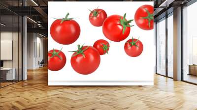 Many fresh ripe tomatoes falling on white background Wall mural