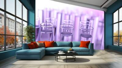 Many glass test tubes on violet background, closeup Wall mural