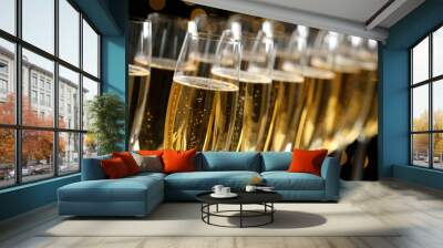 Many glasses of champagne on blurred background, closeup Wall mural