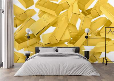 Many gold bars falling on white background Wall mural