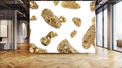 Many gold nuggets falling on white background Wall mural