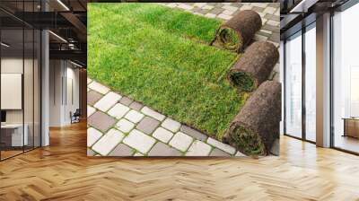 Many grass sods on pavement in backyard Wall mural