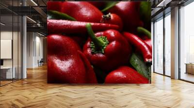 Many red peppers and tomatoes as background, closeup Wall mural