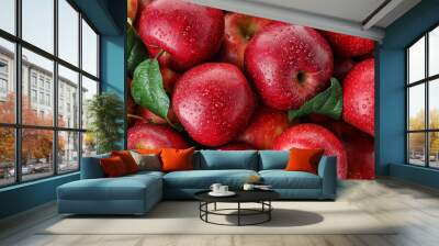 Many ripe juicy red apples covered with water drops as background Wall mural