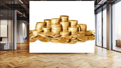 Many shiny gold coins on white background Wall mural