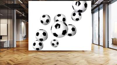 Many soccer balls falling on white background Wall mural