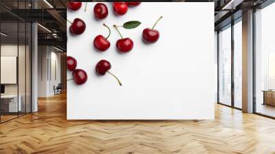 Many sweet ripe cherries on white background, flat lay. Space for text Wall mural