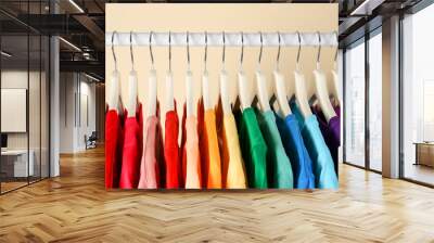 Many t-shirts hanging in order of rainbow colors, closeup Wall mural