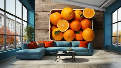 Many whole and cut ripe oranges on wooden table, top view Wall mural