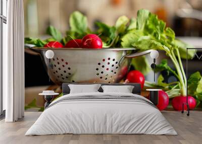 Metal colander with fresh radishes on white table, closeup Wall mural