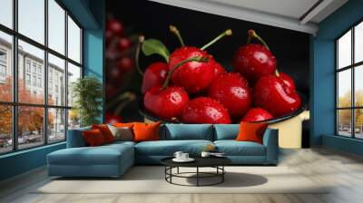 Metal mug with ripe sweet cherries on dark background, closeup Wall mural