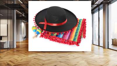 Mexican sombrero hat, maracas and colorful poncho isolated on white Wall mural