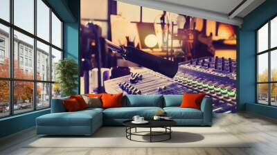 Microphone over professional mixing console on table in radio studio Wall mural