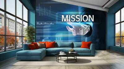 Mission concept. Businessman demonstrating word and charts on background Wall mural