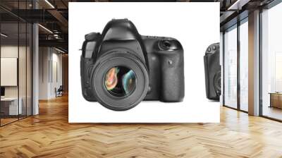 Modern camera with lens on white background, collage. Photographer's equipment Wall mural