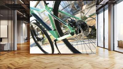 Modern green bicycle on city street, closeup Wall mural