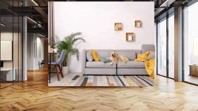 Modern living room interior. Cute Golden Labrador Retriever on couch Wall mural