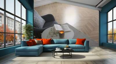 Modern living room with parquet flooring and stylish furniture. Space for text Wall mural