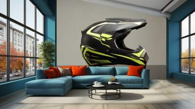 Modern motorcycle helmet with visor on mirror surface against light grey background Wall mural