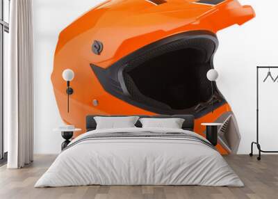 Modern orange motorcycle helmet isolated on white Wall mural