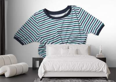 Modern striped t-shirt isolated on white, top view Wall mural