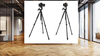 Modern tripods with professional cameras on white background Wall mural