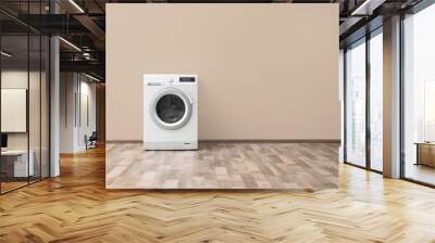 Modern washing machine with laundry near color wall, space for text Wall mural