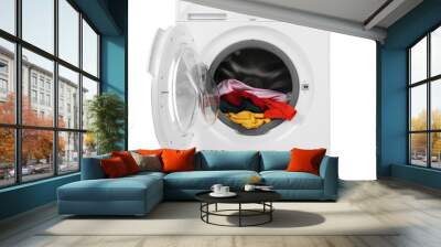 Modern washing machine with laundry on white background Wall mural