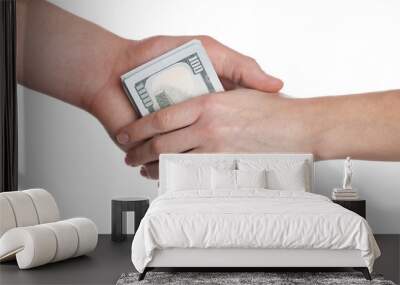 Money exchange. Man giving dollar banknotes to woman on white background, closeup Wall mural