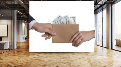 Money exchange. Man giving envelope with dollar banknotes to woman on white background, closeup Wall mural