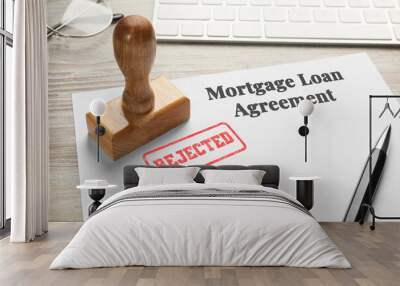 Mortgage loan agreement with Approved stamp and pen on table, closeup Wall mural