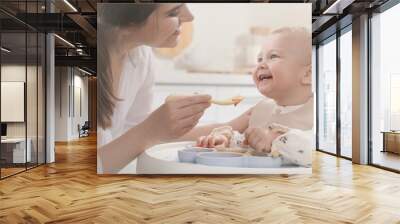 Mother feeding her cute little baby in kitchen. Banner design Wall mural