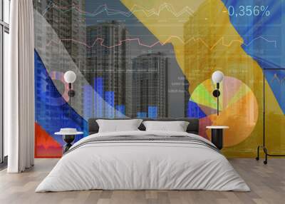 Multiple exposure of Ukrainian, Russian flags, cityscape and digital stock exchange market charts Wall mural