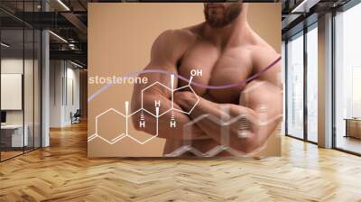 Muscular man and structural formula of testosterone on beige background, closeup Wall mural