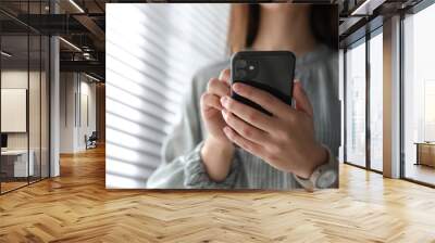 MYKOLAIV, UKRAINE - MARCH 16, 2020: Woman holding iPhone 11 Black indoors, closeup Wall mural