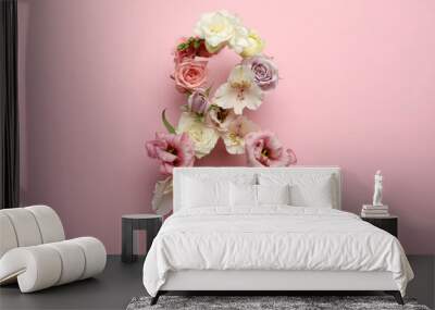 Number 8 made of beautiful flowers on pink background, flat lay. International Women's day Wall mural