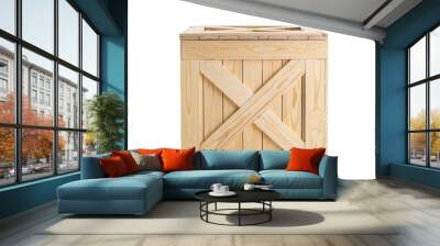 One closed wooden crate isolated on white Wall mural