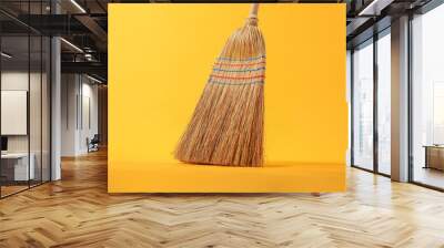 One corn straw broom on orange background Wall mural