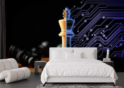 One half of chess piece standing on chessboard, and other one filled with programming code standing on digital board against circuit board pattern Wall mural